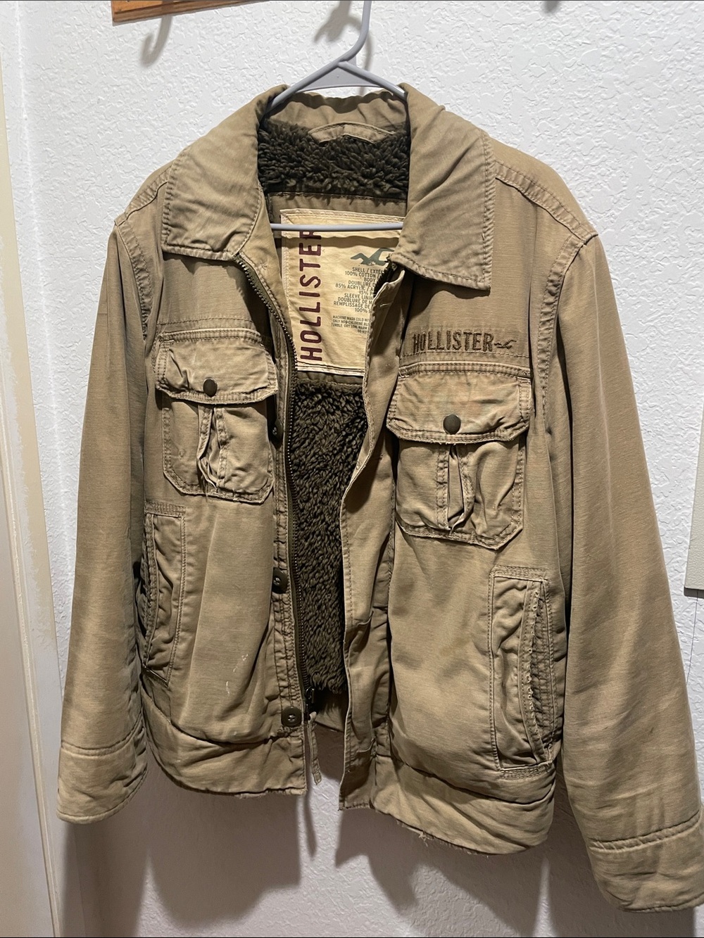 Men Hollister Men's Tan Sherpa-Lined Field Jacket